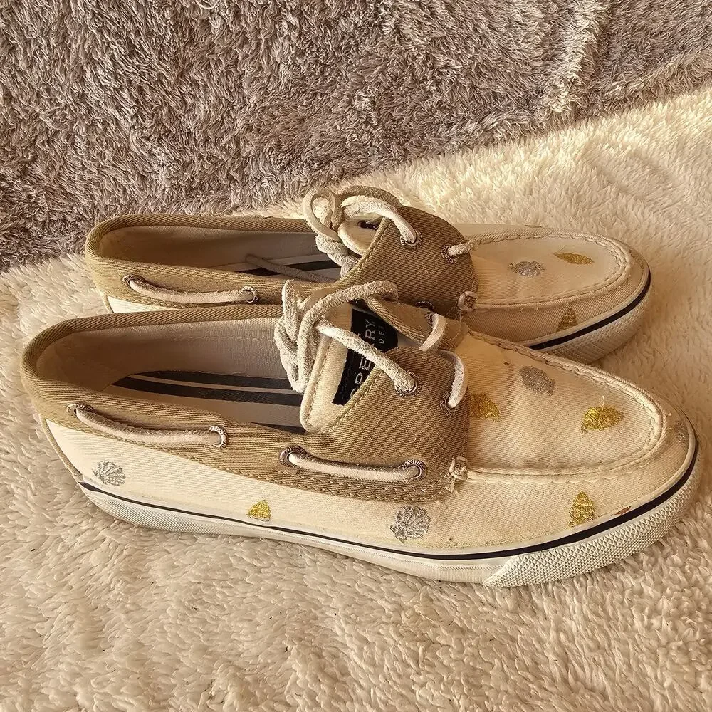 Sperry Top Sider Women's Seashells Bahama 2-Eye Lace Up Boat Shoe Size 6M Beige
